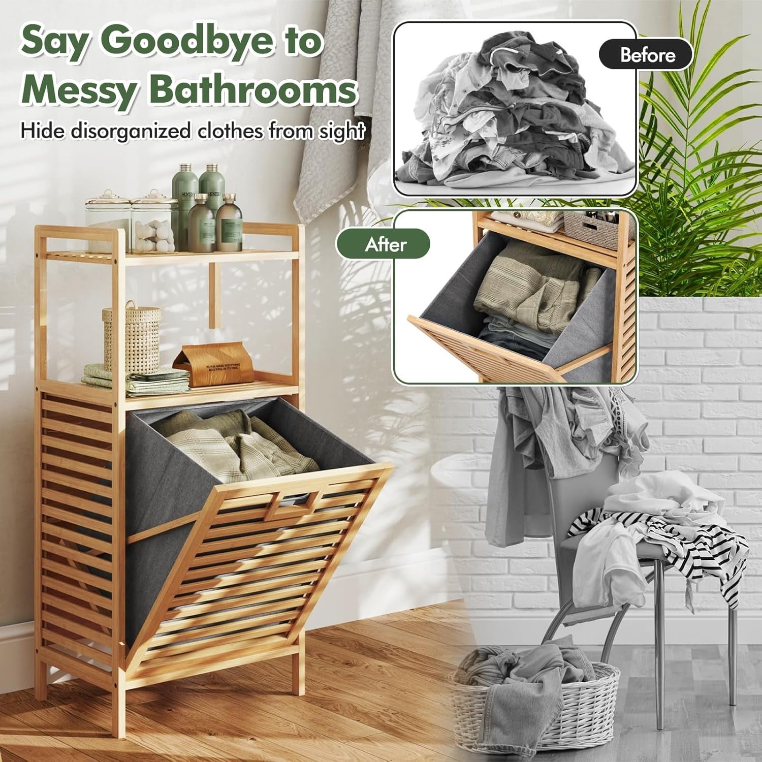 Bamboo Laundry Hamper Cabinet Tilt Out Storage Shelf with Removable Bag