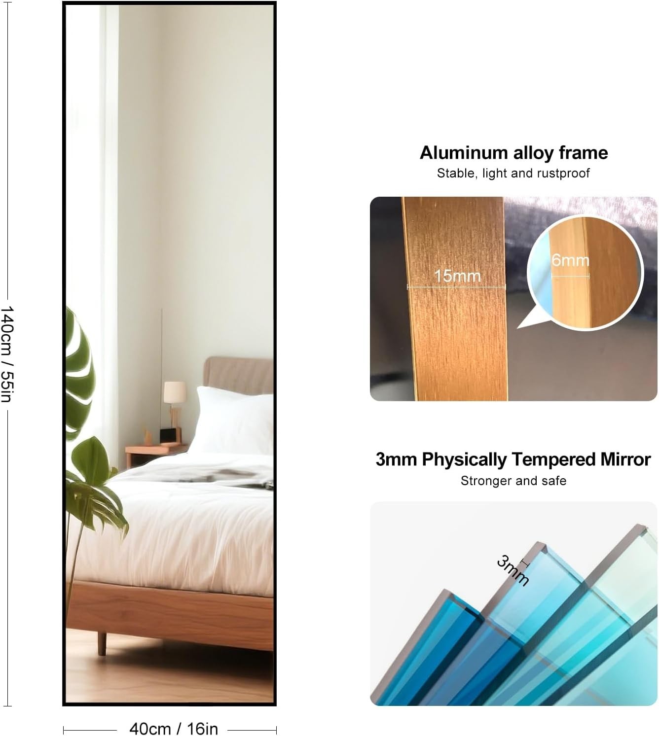 Full Length Mirror 140x40cm Space Saving Wall or Floor Standing Glass