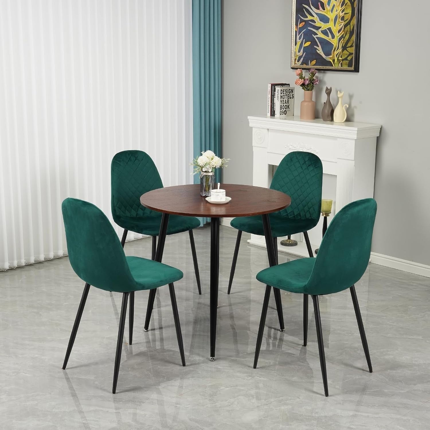 Modern 4-Seater Round Dining Table Set Velvet Chairs Kitchen Living Room
