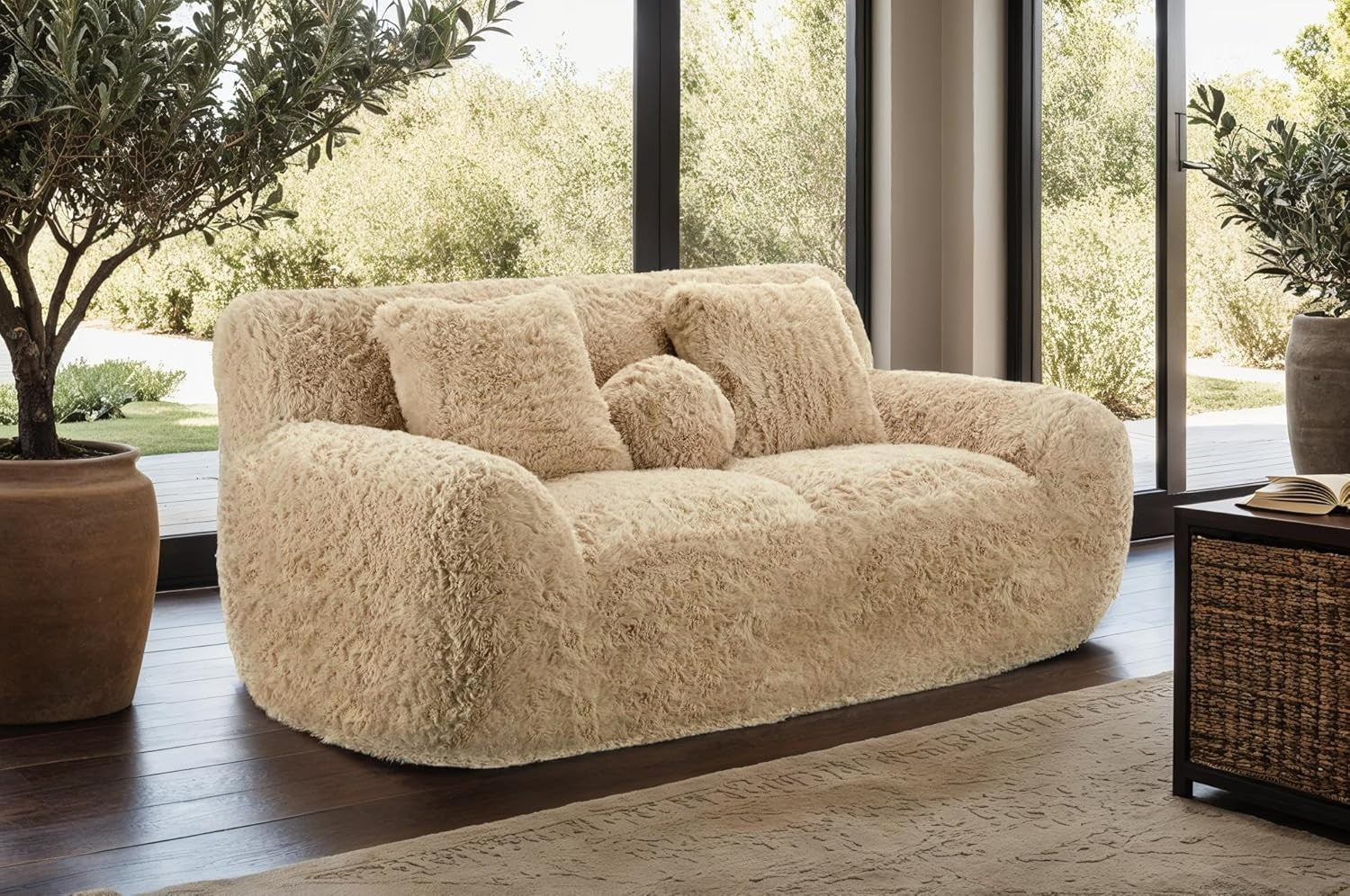 Luxury Fluffy 2 Seater Sofa Faux Fur Modern Round Nordic Beige Couch