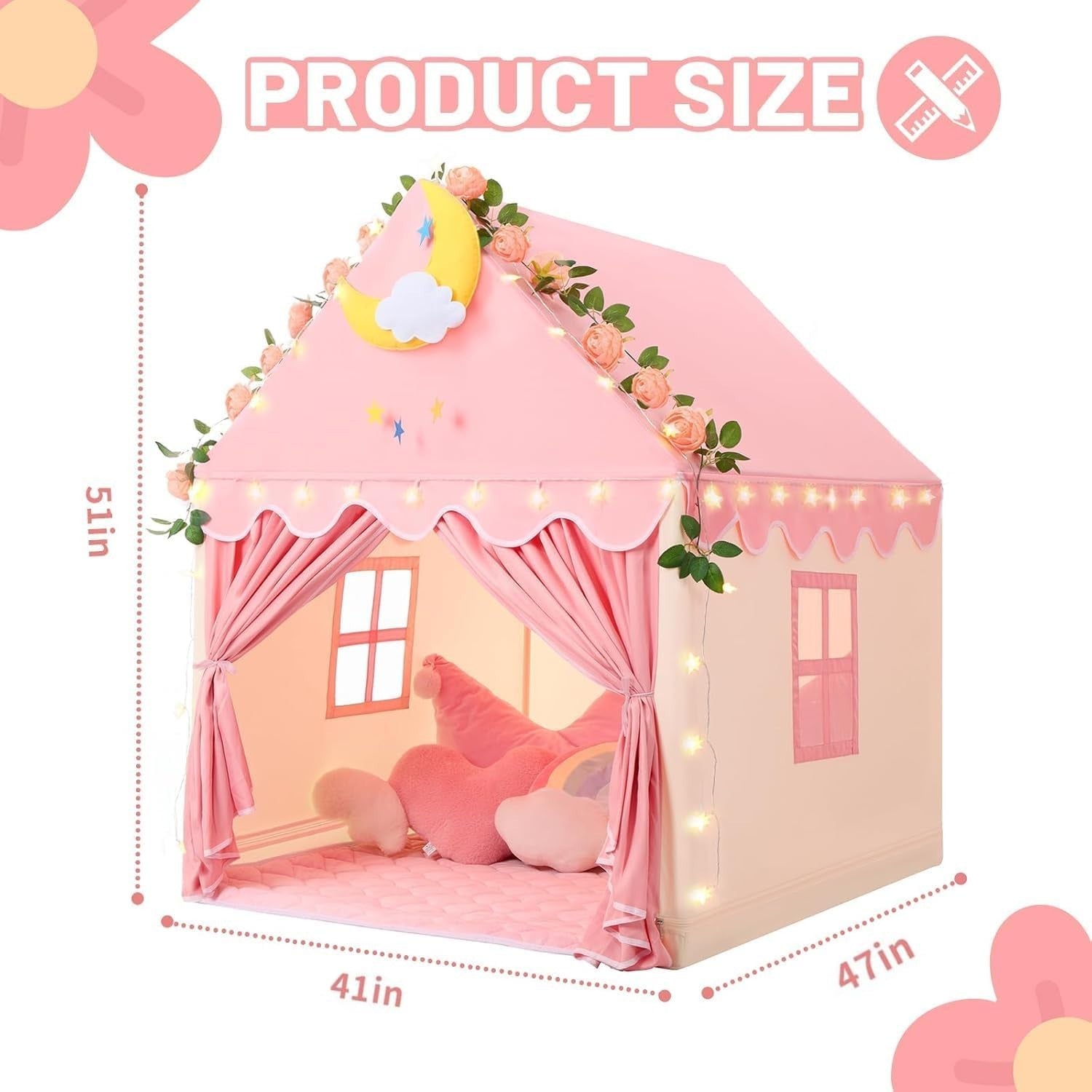 Kids Princess Play Tent with Lights Indoor Playhouse Pink Yellow