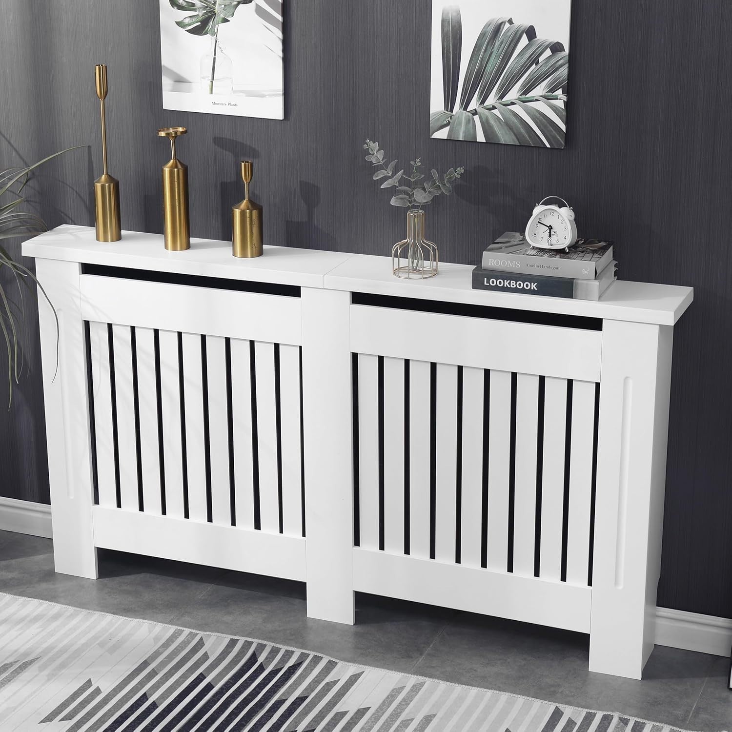 Large White Radiator Cover Cabinet | MDF Wood Slatted Heating Shelf