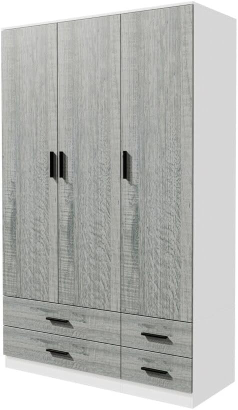 Ash Grey & White Wardrobe 3 Door 4 Drawer Modern Bedroom Storage Cupboard