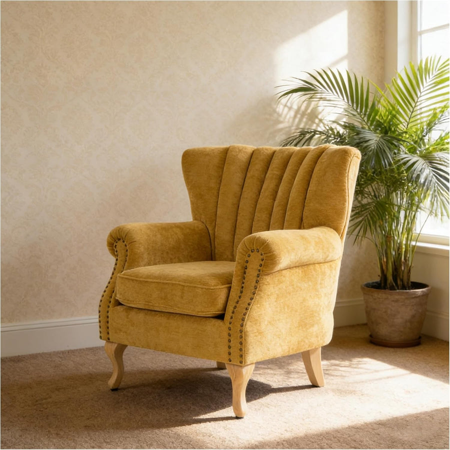 Yellow Chenille Wingback Accent Chair Fireside Armchair Wood Legs
