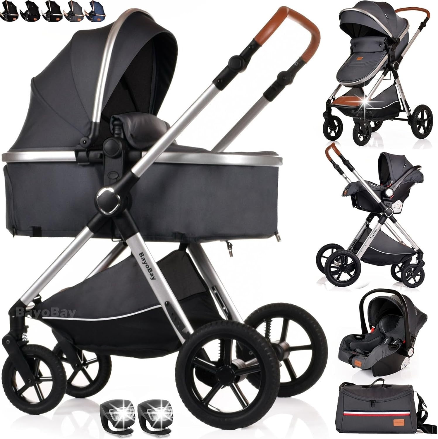 Grey Silver 3 in 1 Baby Pram Travel System Folding Pushchair with Car Seat