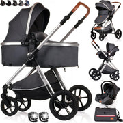 Grey Silver 3 in 1 Baby Pram Travel System Folding Pushchair with Car Seat