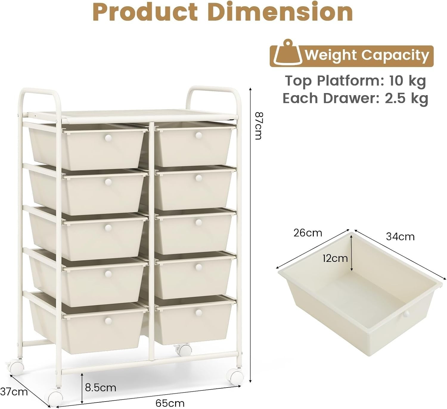 10 Drawer Rolling Storage Cart Utility Organizer Trolley w/ Lock Wheels