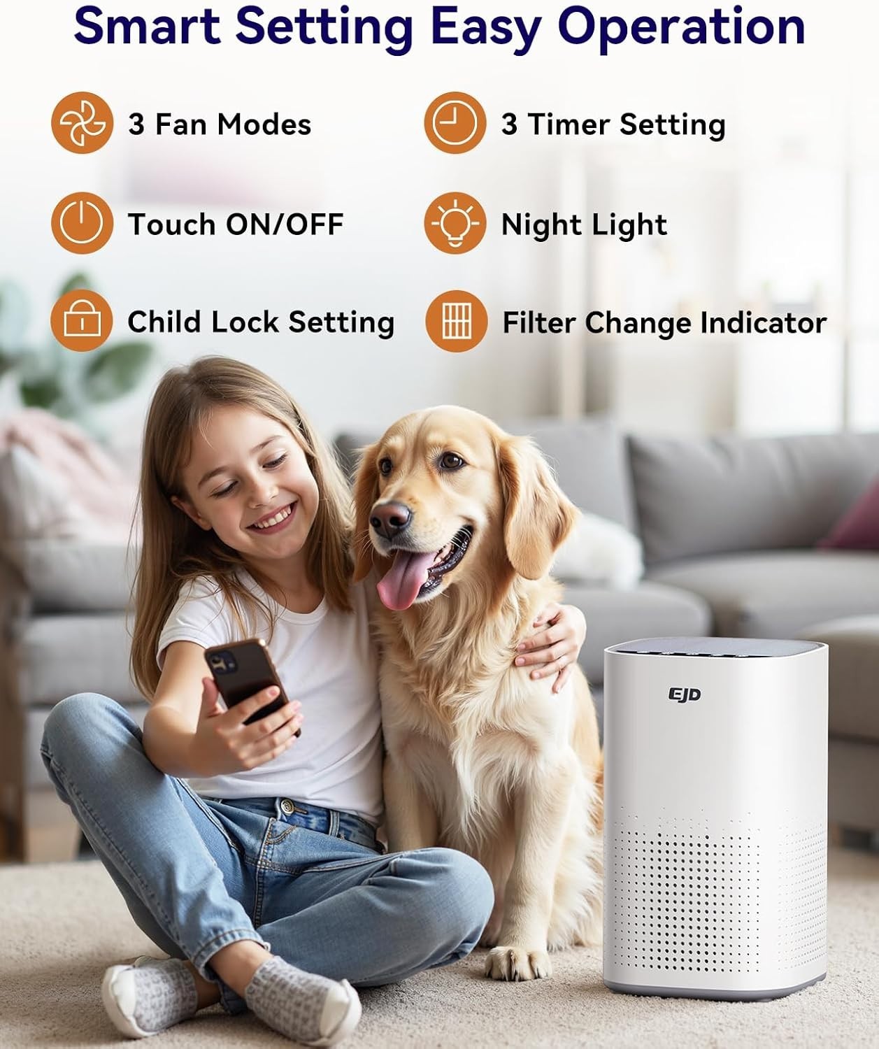 Ultra Quiet HEPA Air Purifier 70m² CADR 223 Large Bedroom Pet Smoke