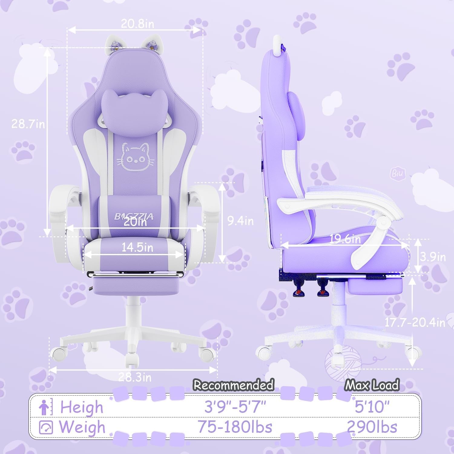 Purple Cat Ear Gaming Chair Massage Lumbar Recliner