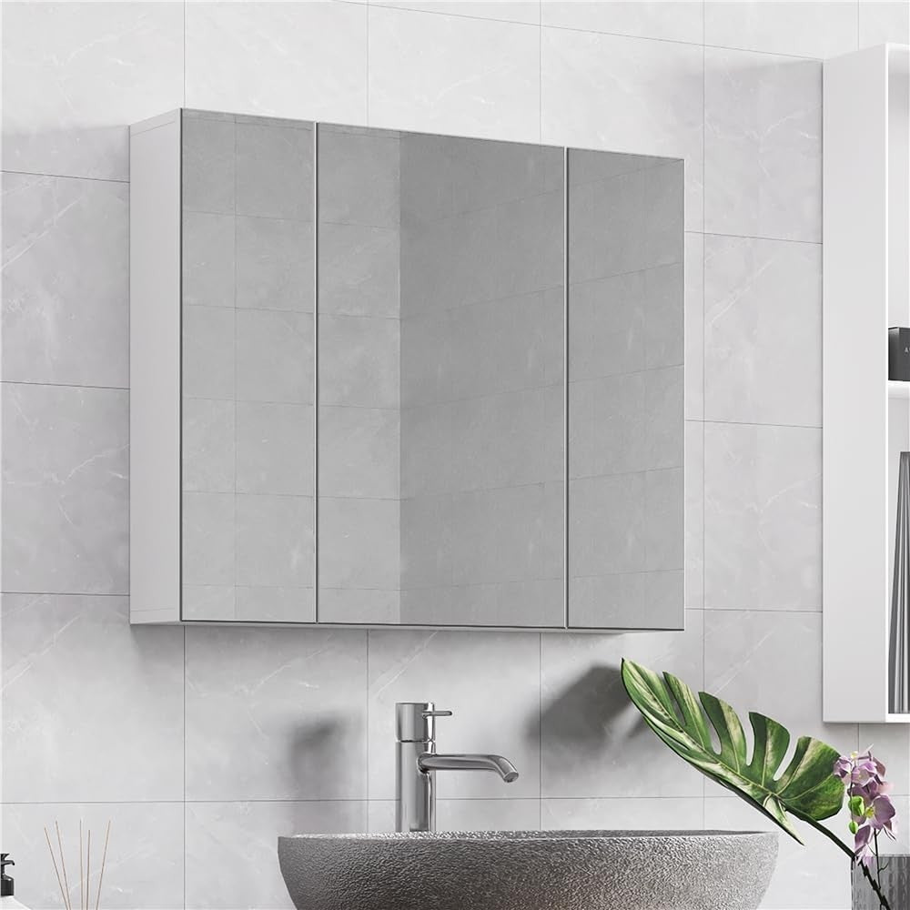 Bathroom Mirror Cabinet Wall Mounted | 3 Door Storage Unit | Modern White