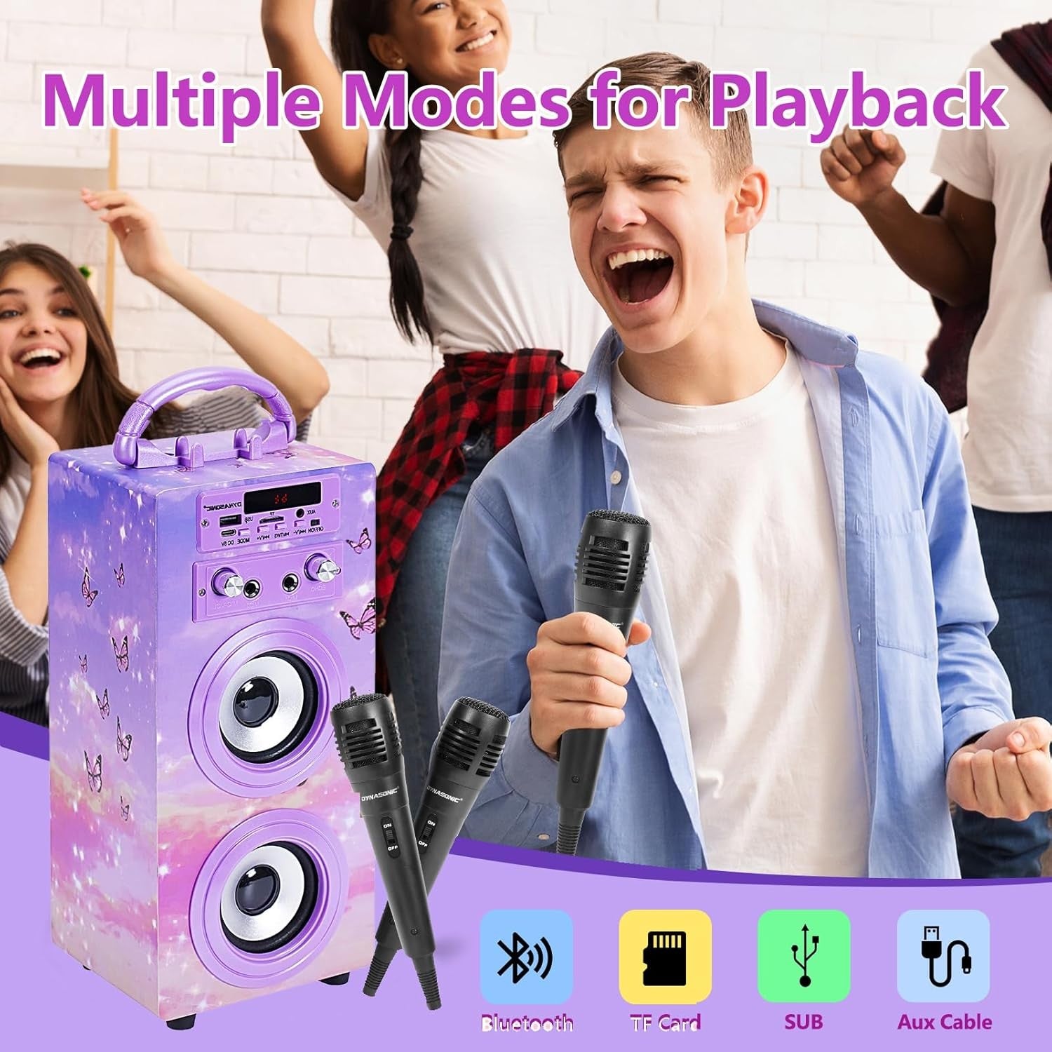 DYNASONIC Karaoke Machine Bluetooth 2 Mics LED Lights Teens