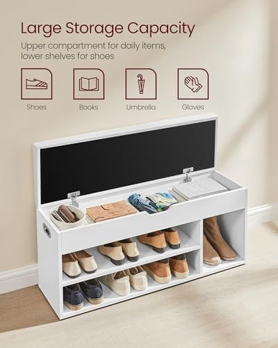 White Shoe Storage Bench with Cushion 3 Compartments Hidden Seat Shelves