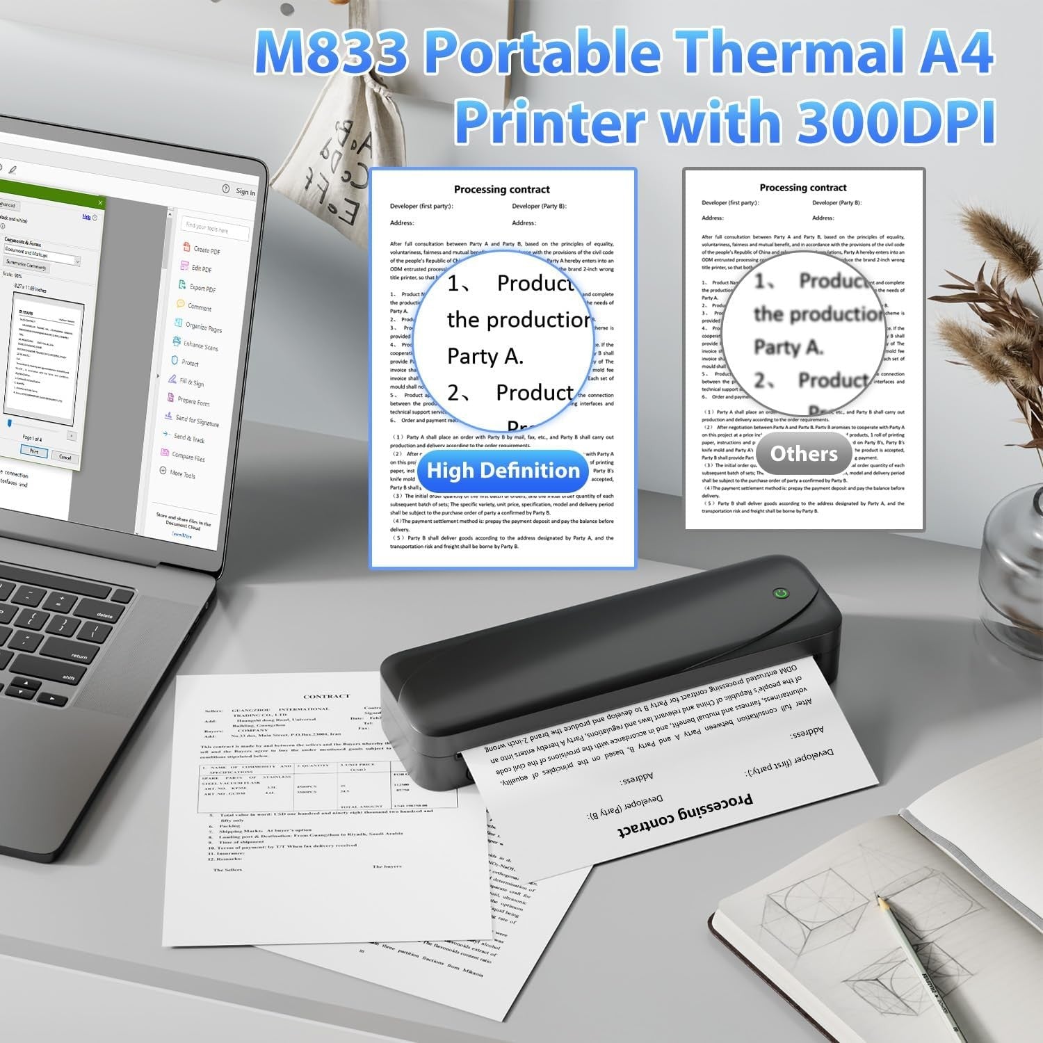 A4 Portable Thermal Printer Wireless Bluetooth Inkless 300DPI