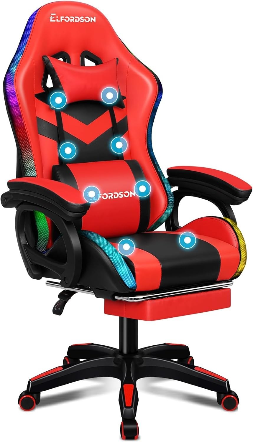 Gaming Chair Red PC Computer Racing Seat LED RGB Light $180$kg Recliner Massage