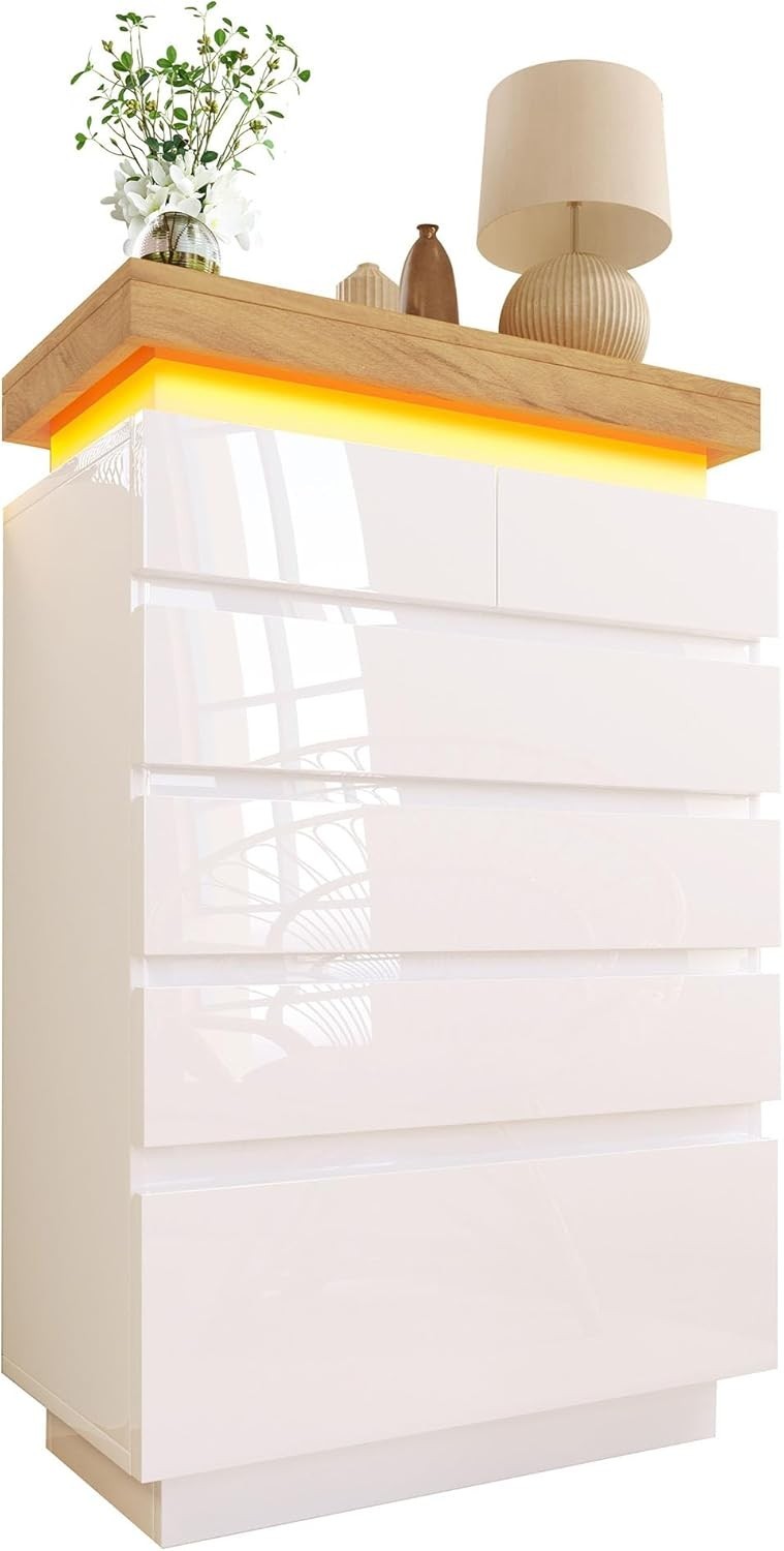 Modern 6 Drawer White LED Chest Storage Unit High Gloss Cabinet Bedroom