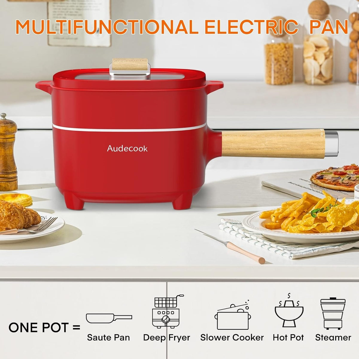 2L Electric Hot Pot Ceramic Non-Stick Multi Cooker with Steamer & Spatula