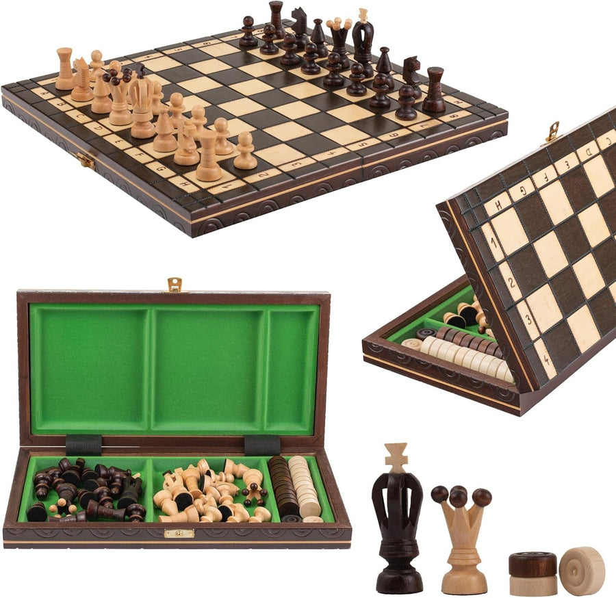 Luxury 2-in-1 Wooden Chess & Checkers Set | 35cm Folding Board | Handmade Gift