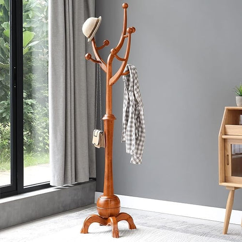 Solid Wood Coat Rack 180cm Tree Design Stand with 8 Hooks Light Brown