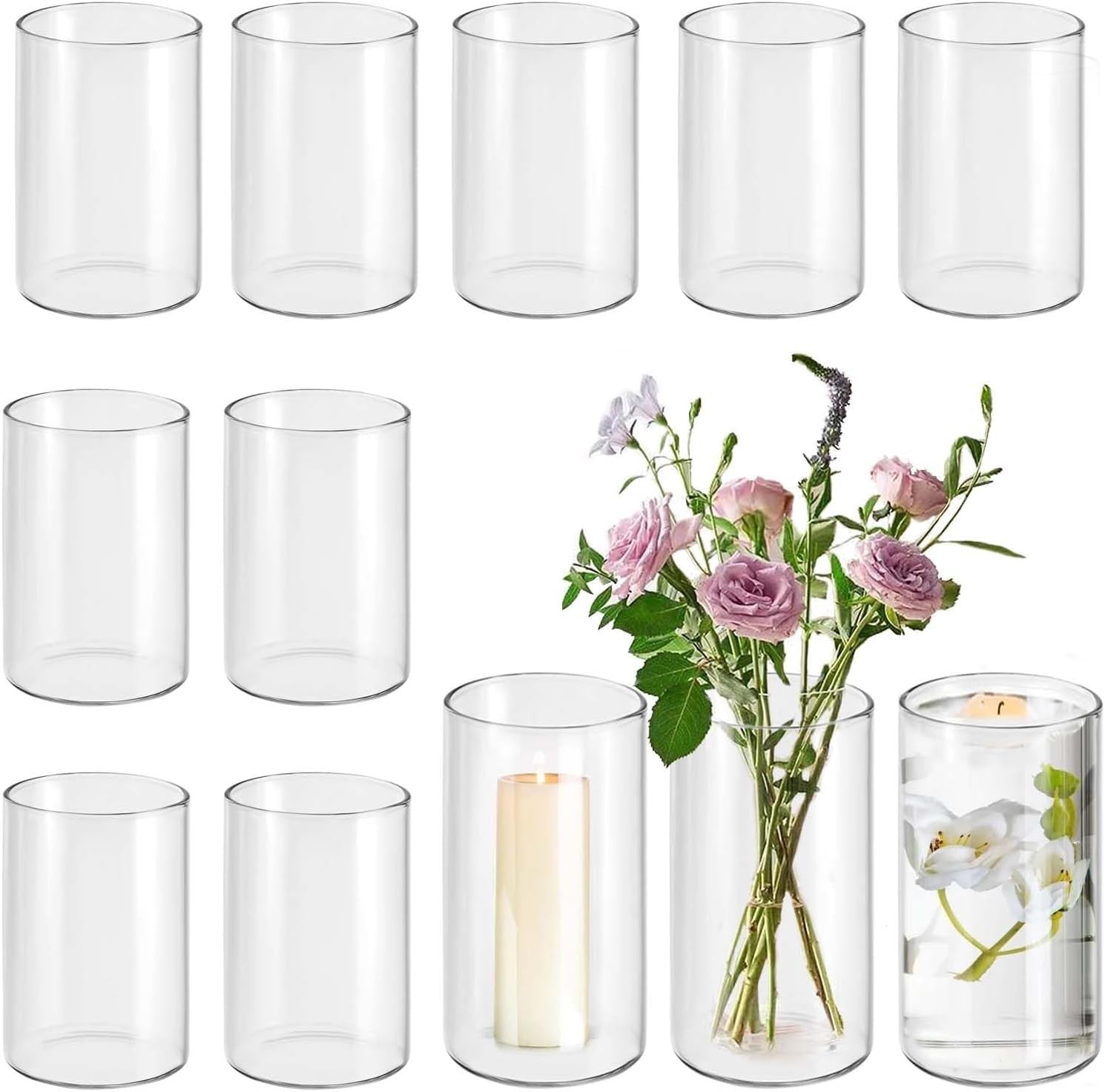 Glass Cylinder Vase Set of 12 Clear Flower Candle Table Decor 15cm