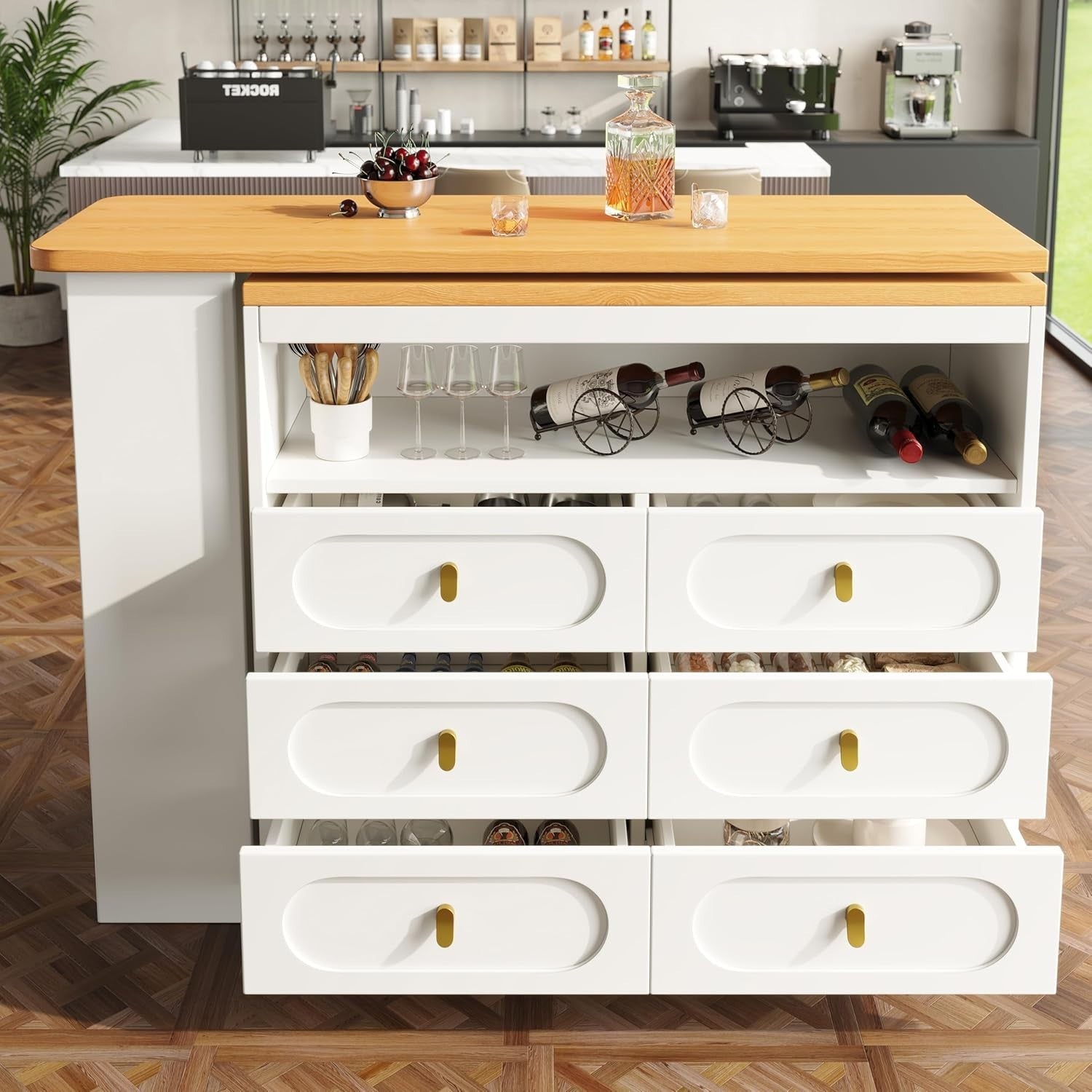 360° Swivel Bar Table w/ 6 Drawers & Storage Shelves Extendable White Furniture