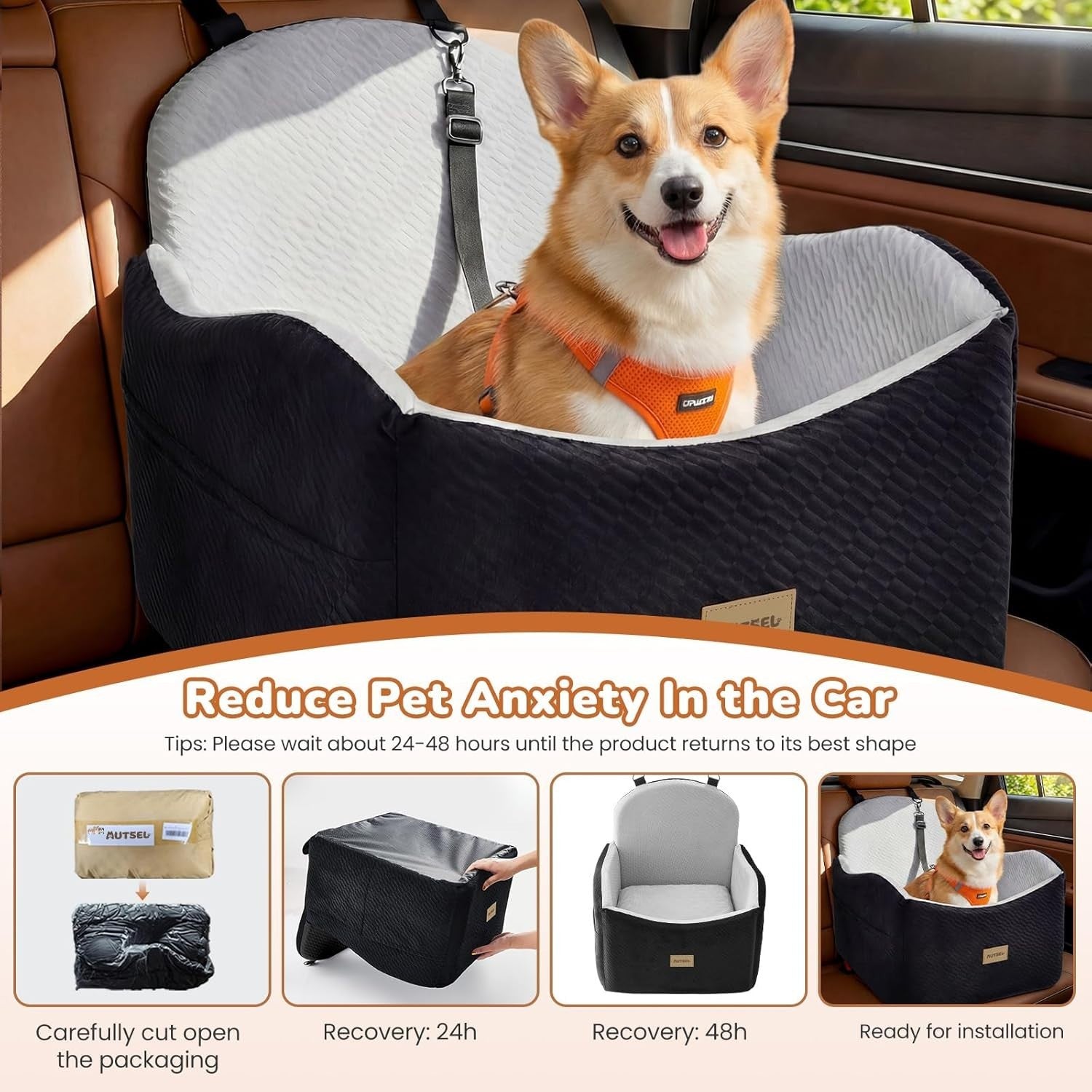 Dog Booster Car Seat Washable Travel Bed Safety Leash 40lb Black Grey