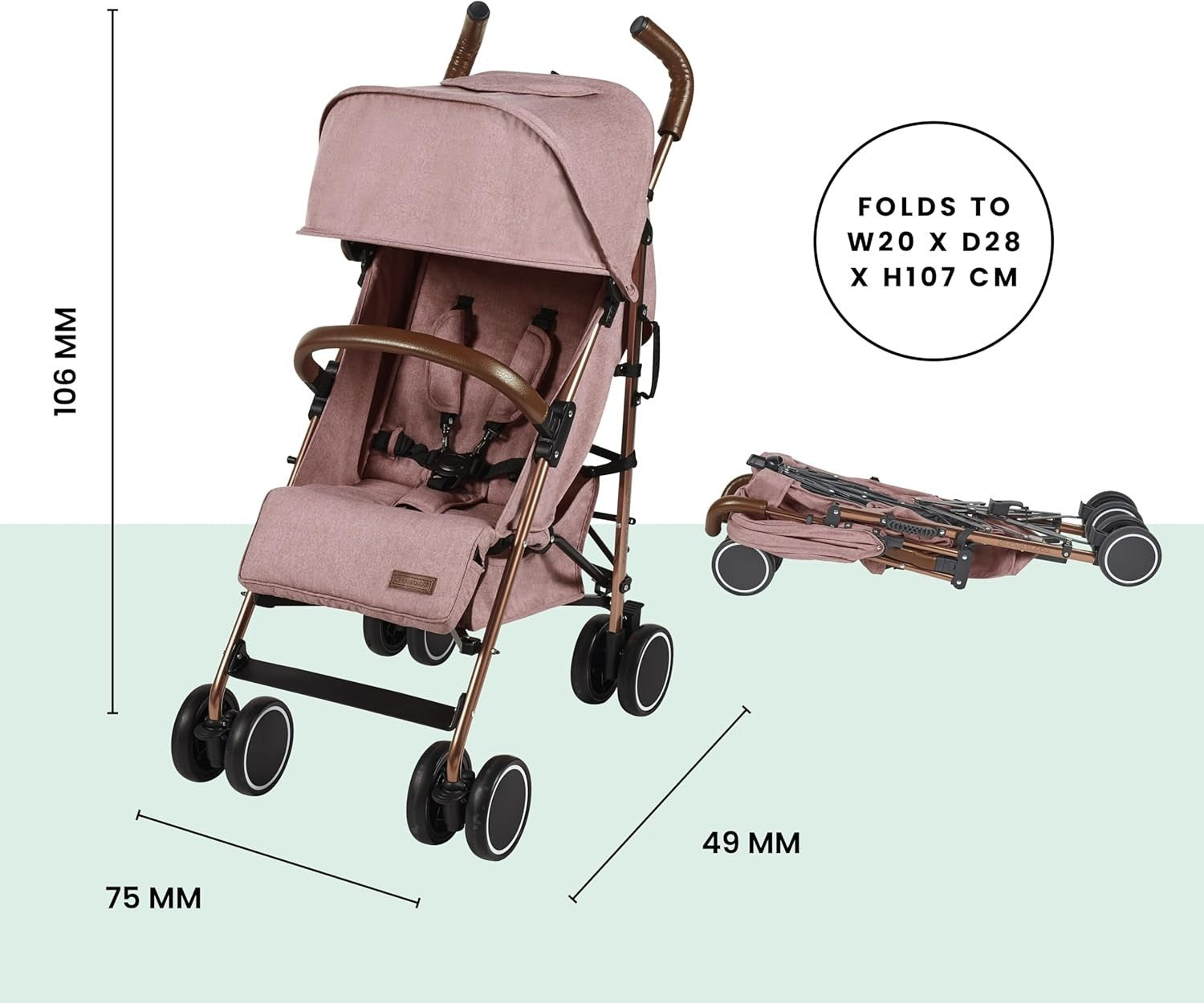 Compact Lightweight Baby Stroller Dusky Pink 6 Months-4 Years Recline UPF50+