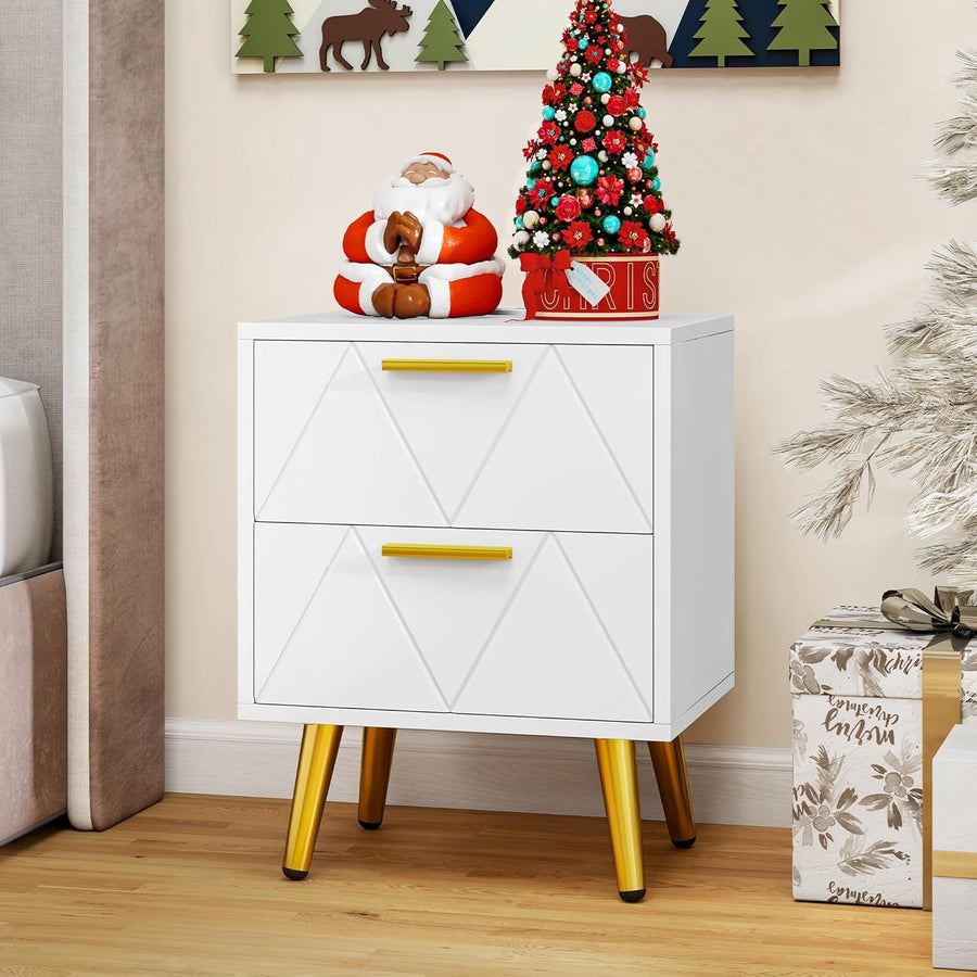 White Bedside Table with Gold Legs & Charging Station | Modern 2-Drawer 40×52cm