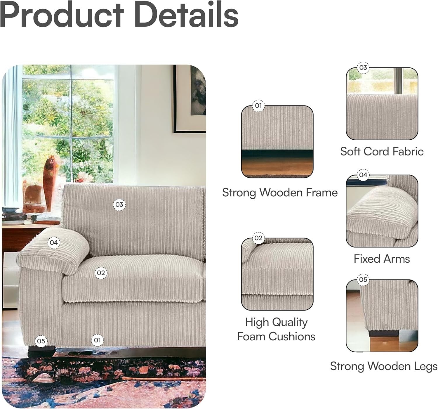 3 Seater Jumbo Cord Sofa Cream – Deep Cushions, Soft Fabric, UK Stock