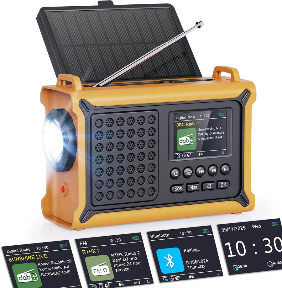 Emergency Solar & Wind-Up DAB+/FM Radio with Bluetooth, Torch & 12000mAh