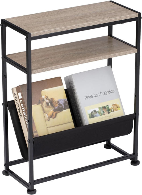 Slim Oak Side Table with Storage – Narrow Sofa End Table + Magazine Rack