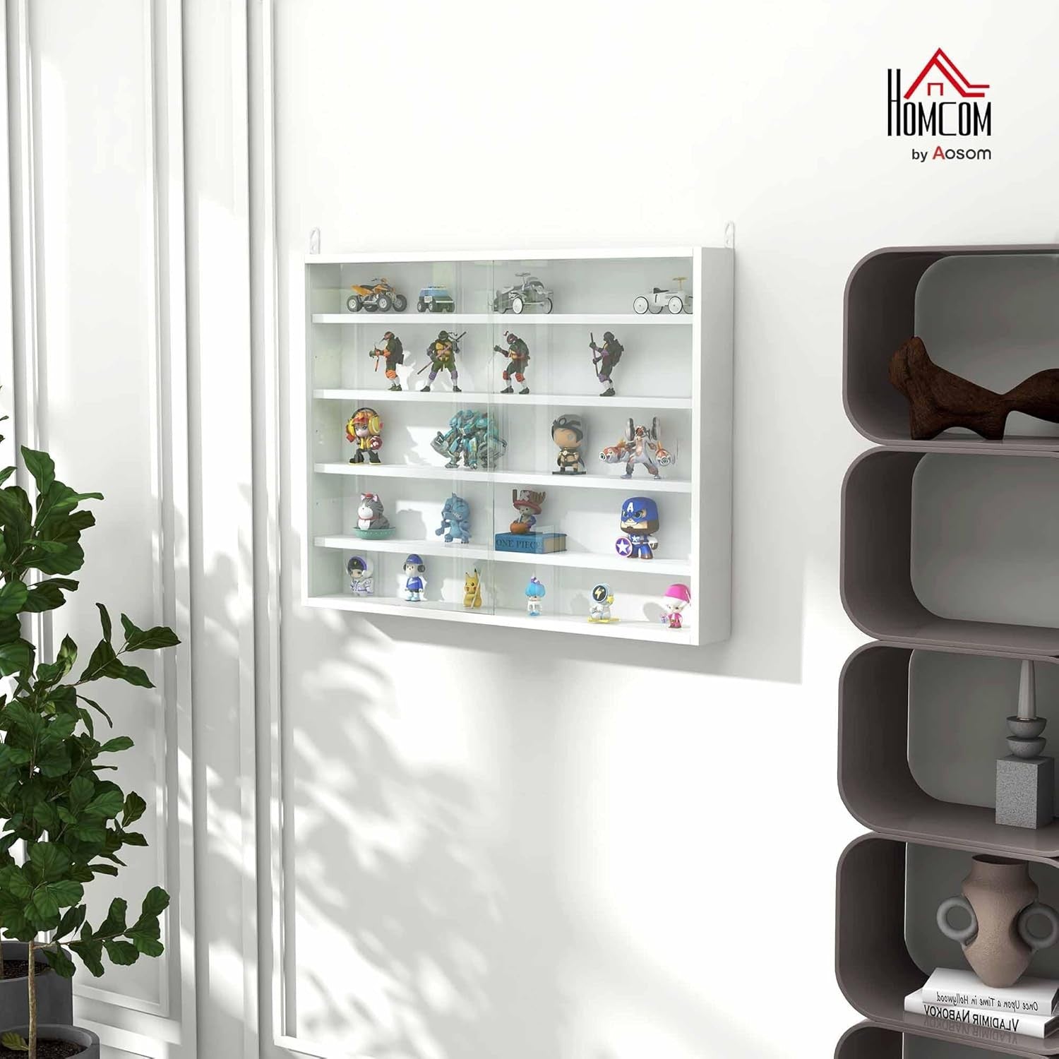 5-Tier White Wall Display Cabinet | Glass Sliding Door Shelf Unit 60×80cm