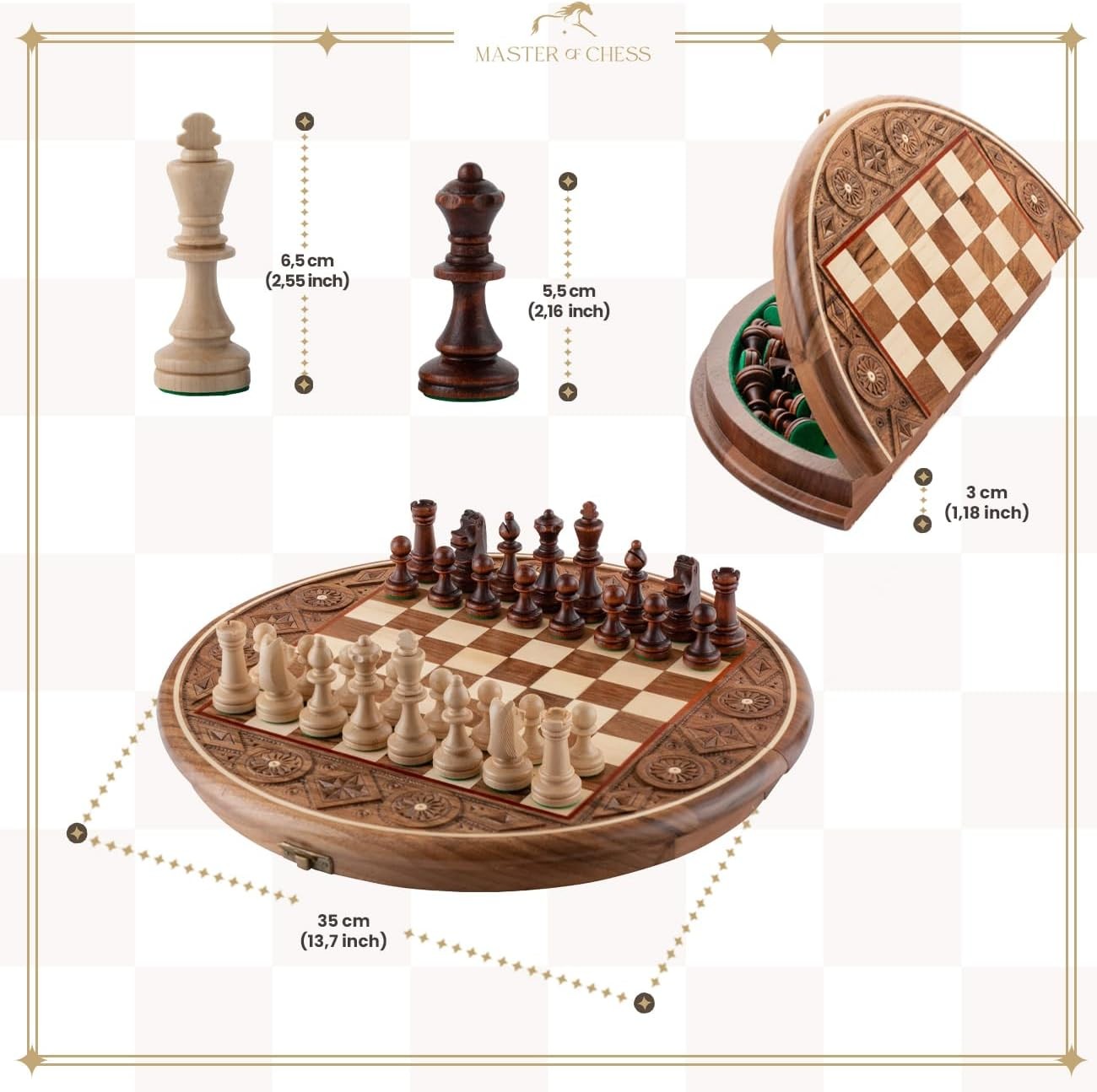 35cm Handcrafted Wooden Chess Set | RUBY Sculpted Pieces | Portable Luxury Board