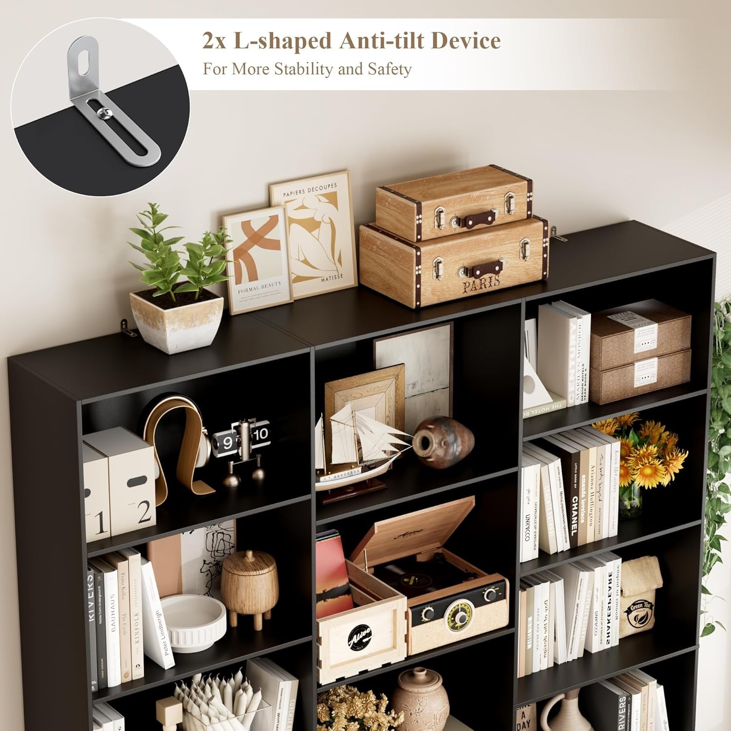 Tall Black 6-Tier Bookshelf with 17 Compartments Modern Display Storage Unit
