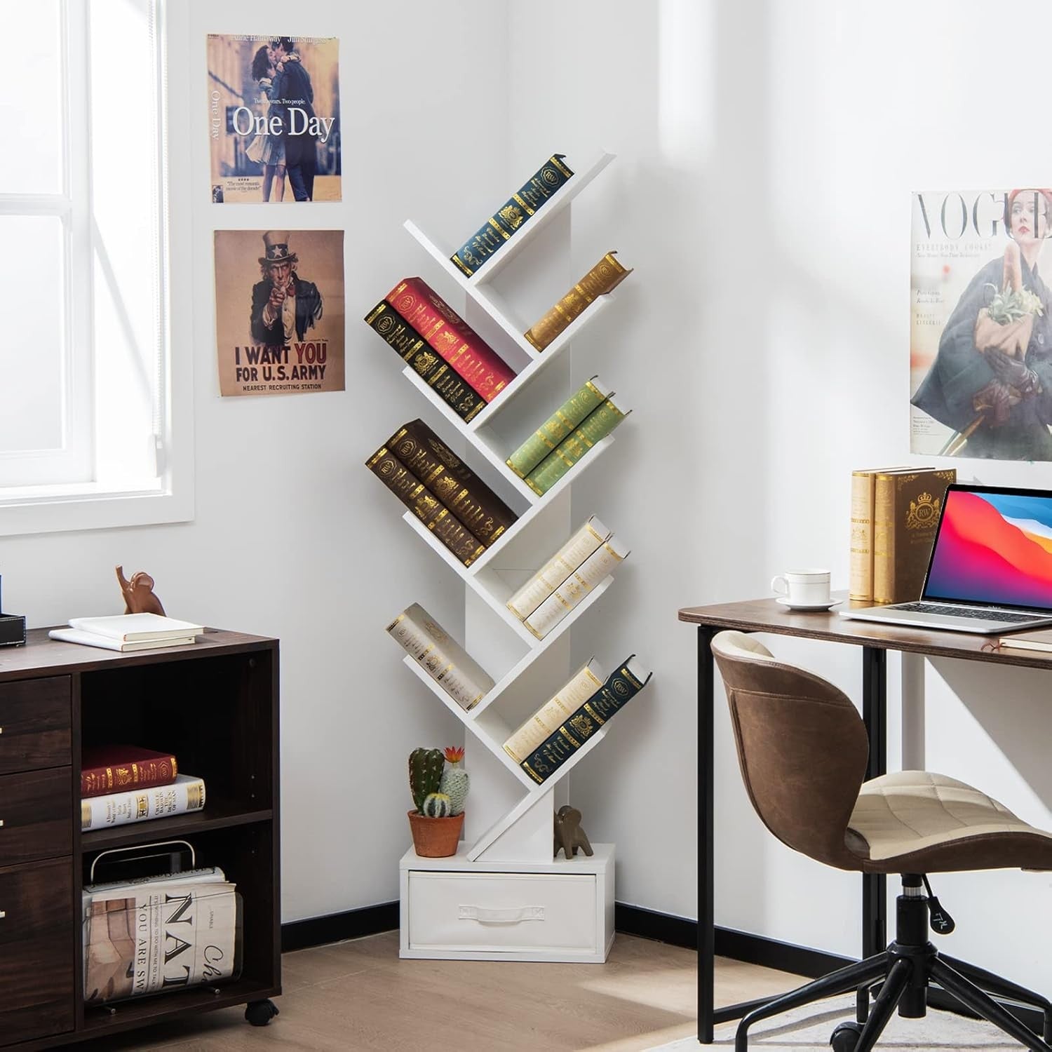 Modern 10-Tier Tree Bookshelf Slim Space-Saving Display Rack for Home Office