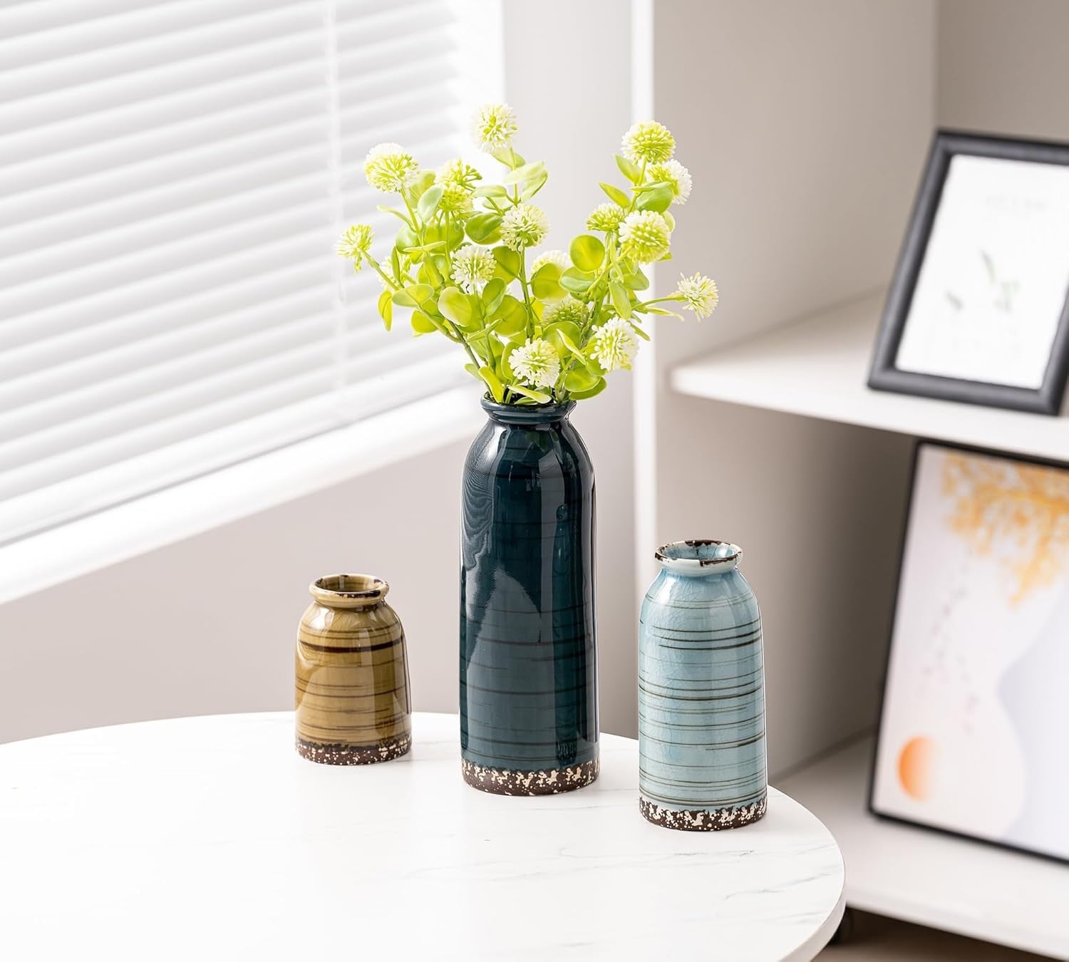 Blue Ceramic Vase Set of 3 Farmhouse Pampas Grass Vases Home Decor