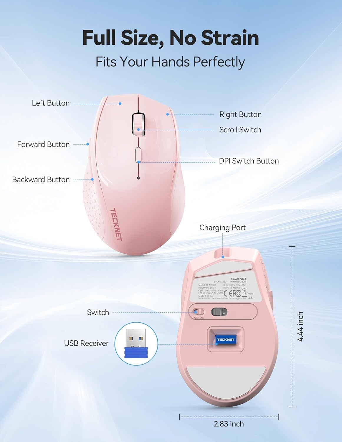 Pink Rechargeable Wireless Mouse 6400 DPI Silent Ergonomic USB for Laptop PC