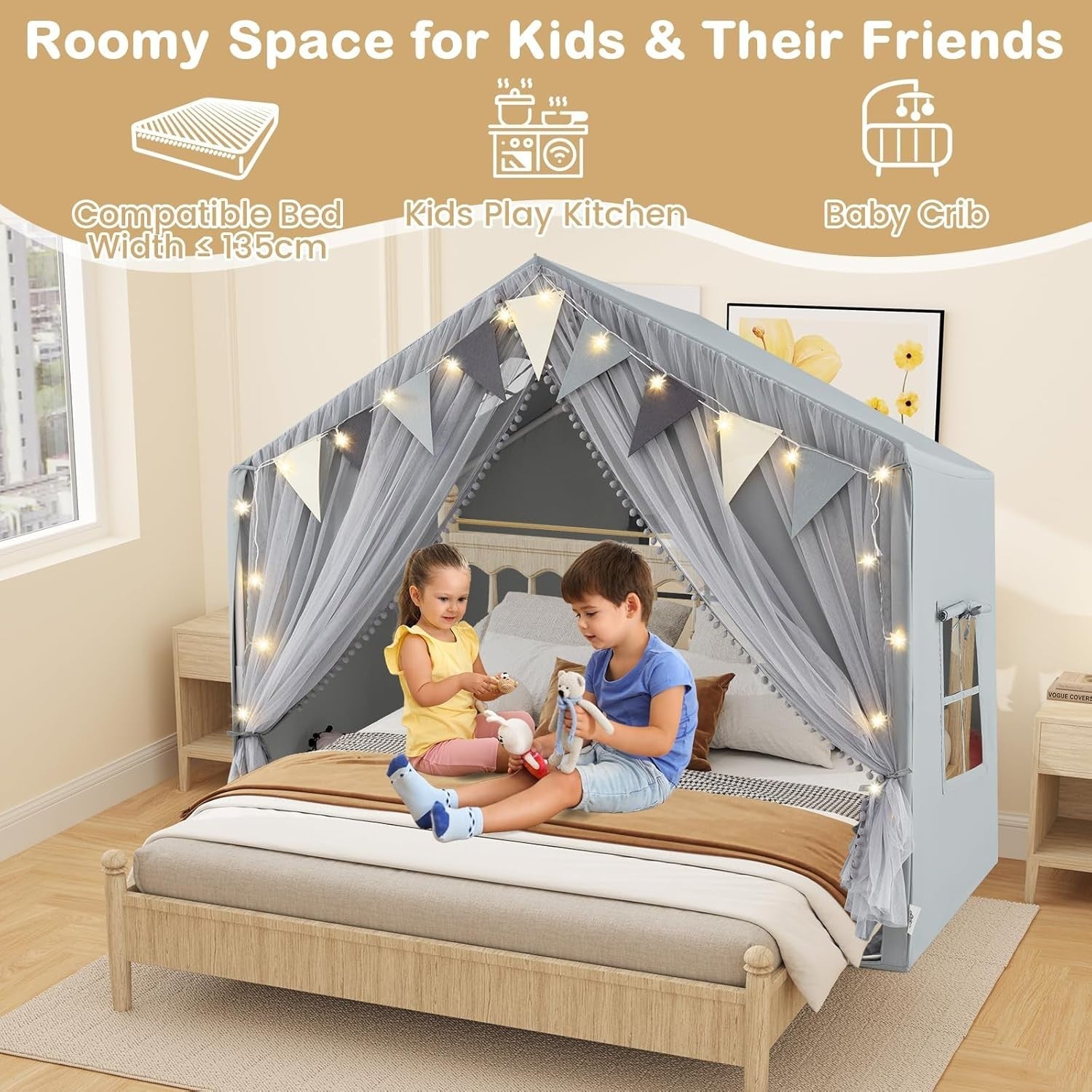Large Kids Play Tent Castle Indoor w Star Lights Mat Windows Gift