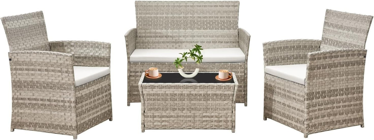 4-Piece Grey Rattan Garden Patio Set | Outdoor Loveseat & Chairs with Table