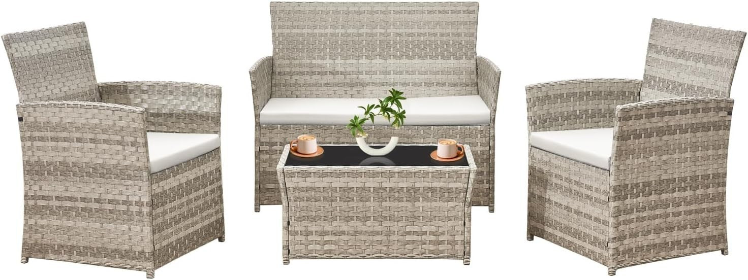 4-Piece Grey Rattan Garden Patio Set | Outdoor Loveseat & Chairs with Table
