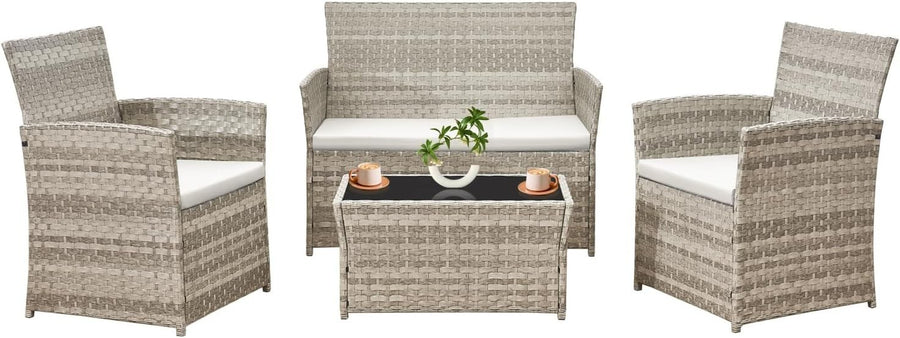 4-Piece Grey Rattan Garden Patio Set | Outdoor Loveseat & Chairs with Table