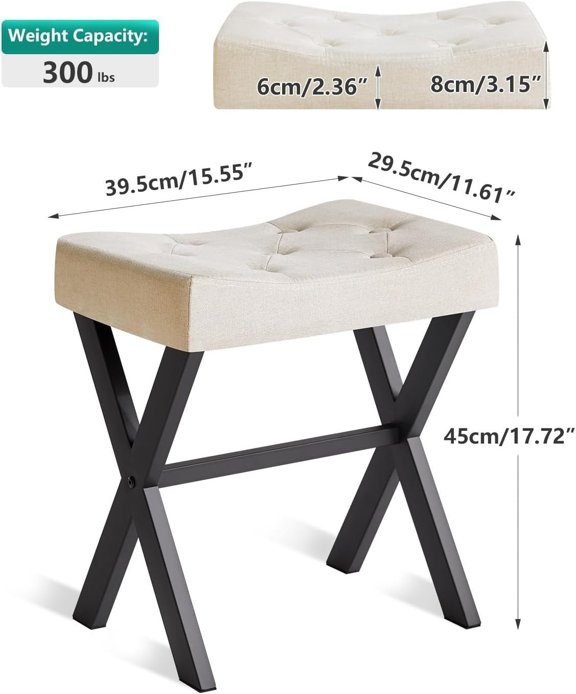 U-Shaped Linen Vanity Stool with X-Leg – Makeup Seat & Side Table