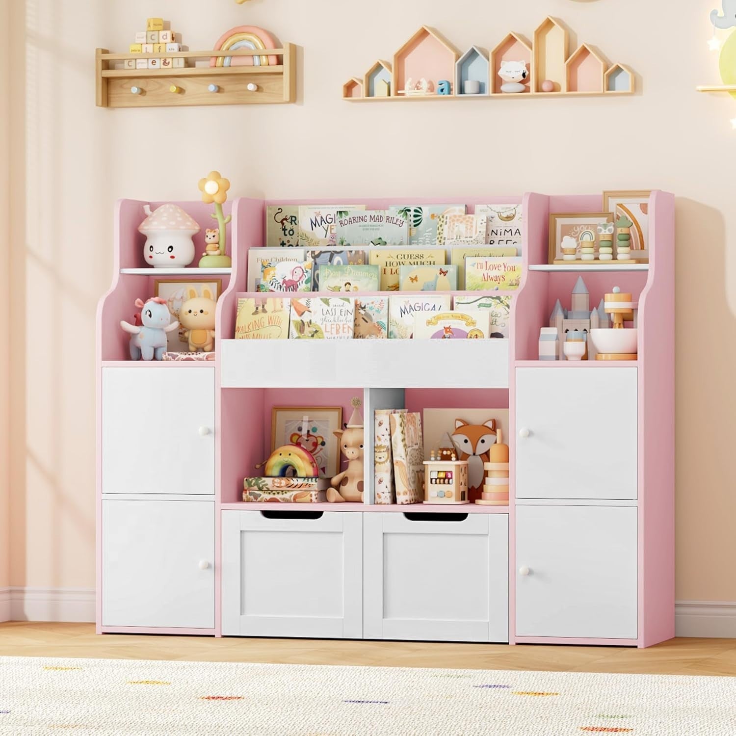 Kids Toy Storage Unit Bookcase with Doors Drawers & Shelves – White Pink