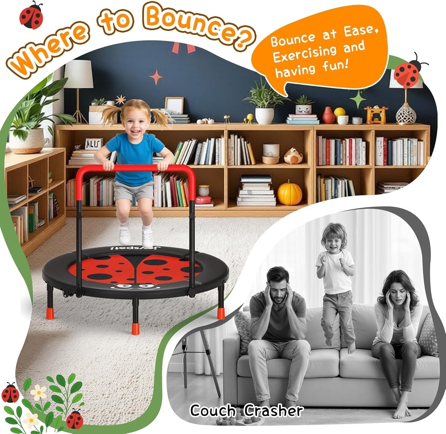 3ft Kids Trampoline Ladybug Foldable Toddler Jumper Handle 100LB