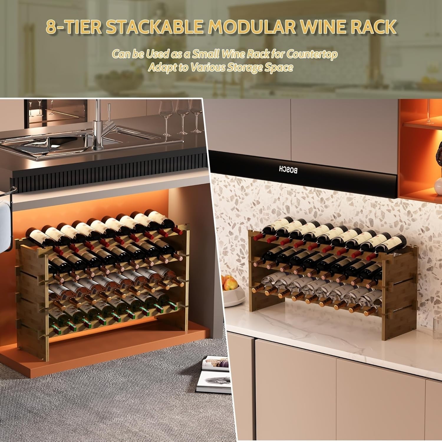 69 Bottle Wine Rack Floor Standing Bamboo 8-Tier Stackable Storage Shelf Walnut