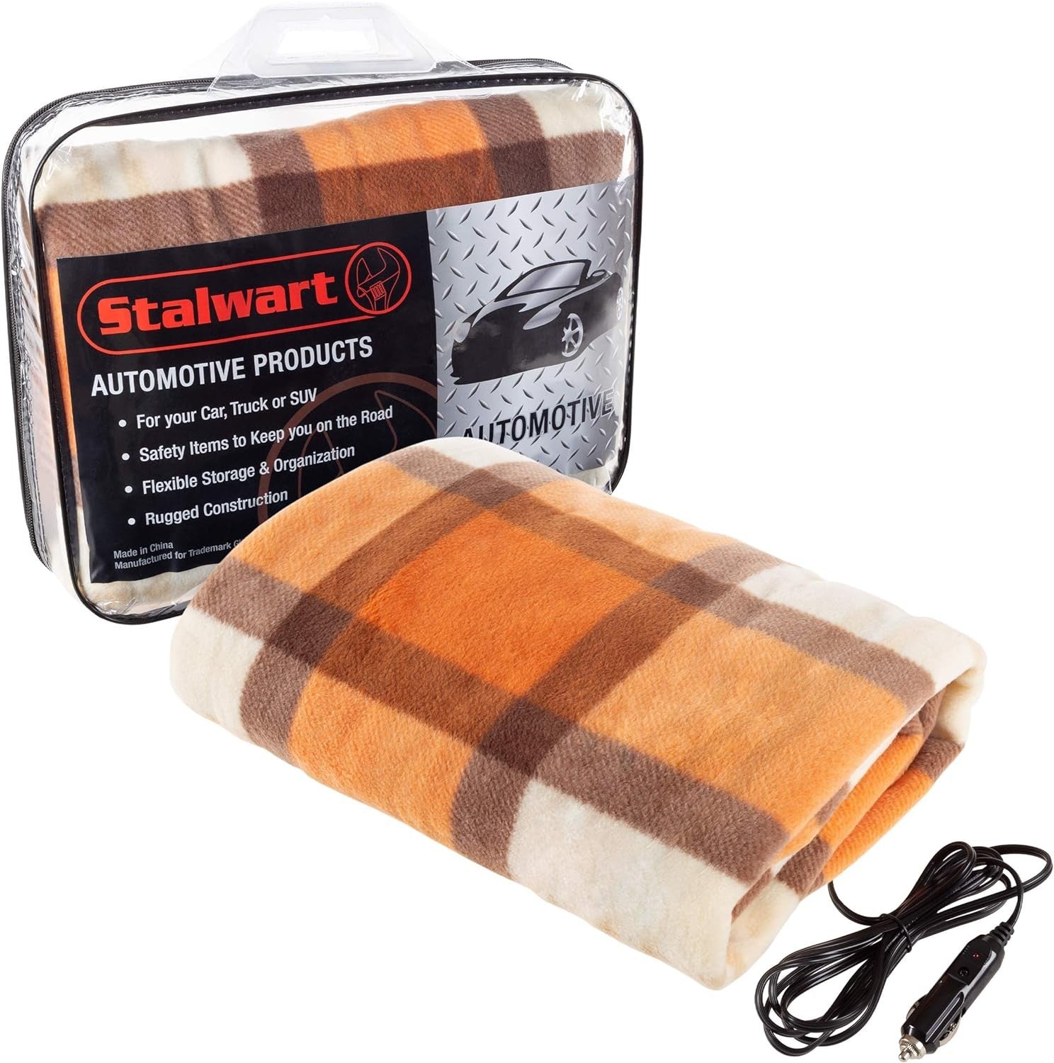 12V Heated Car Blanket Travel Fleece Throw Emergency Orange Plaid