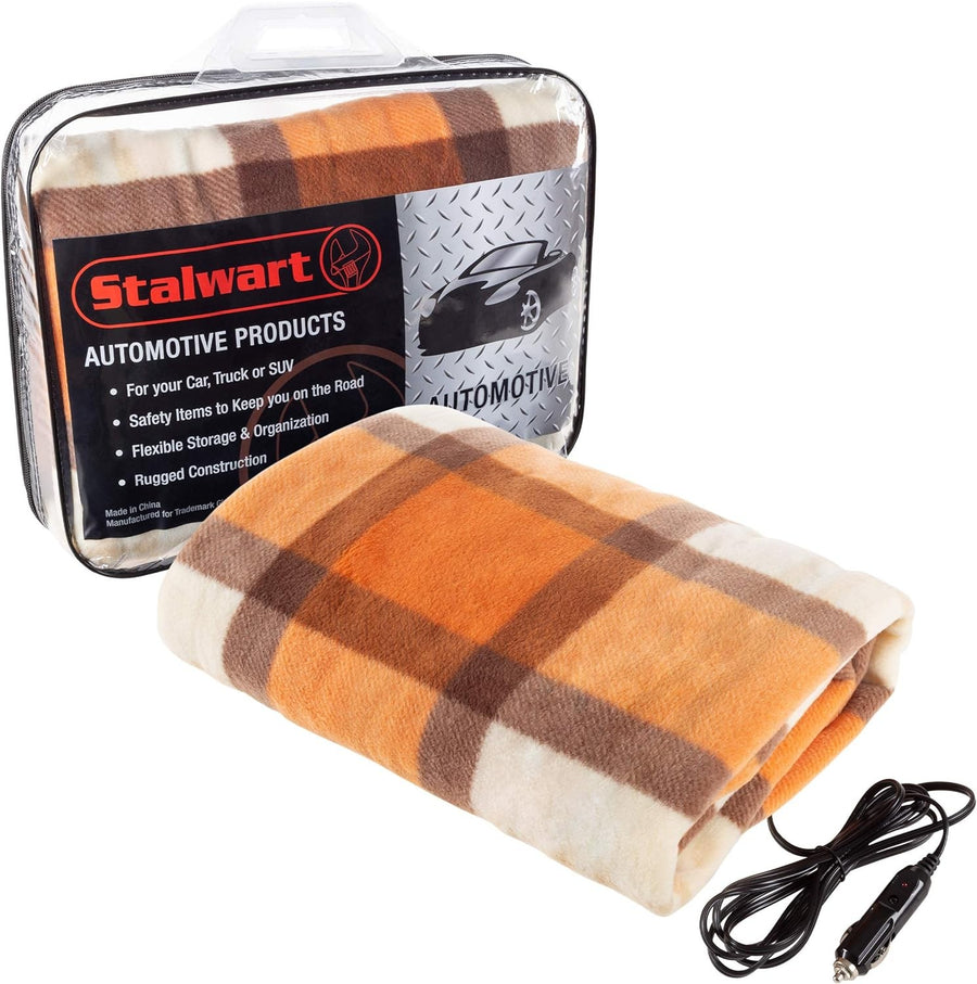 12V Heated Car Blanket Travel Fleece Throw Emergency Orange Plaid