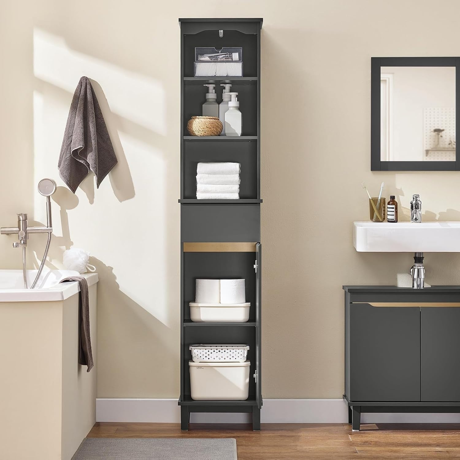 Slim Tall Bathroom Storage Cabinet with 3 Shelves & Drawer – Space Saver