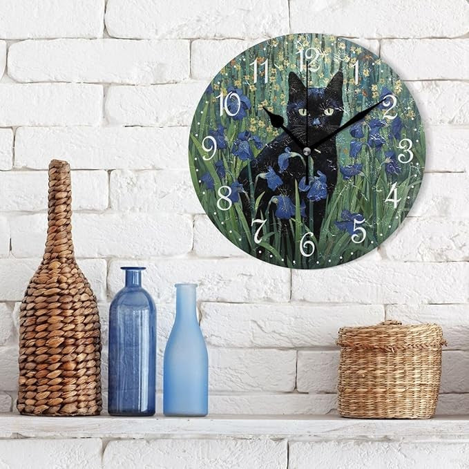 Black Cat Wall Clock 25cm Silent Non-Ticking Floral Art Decorative Home Decor