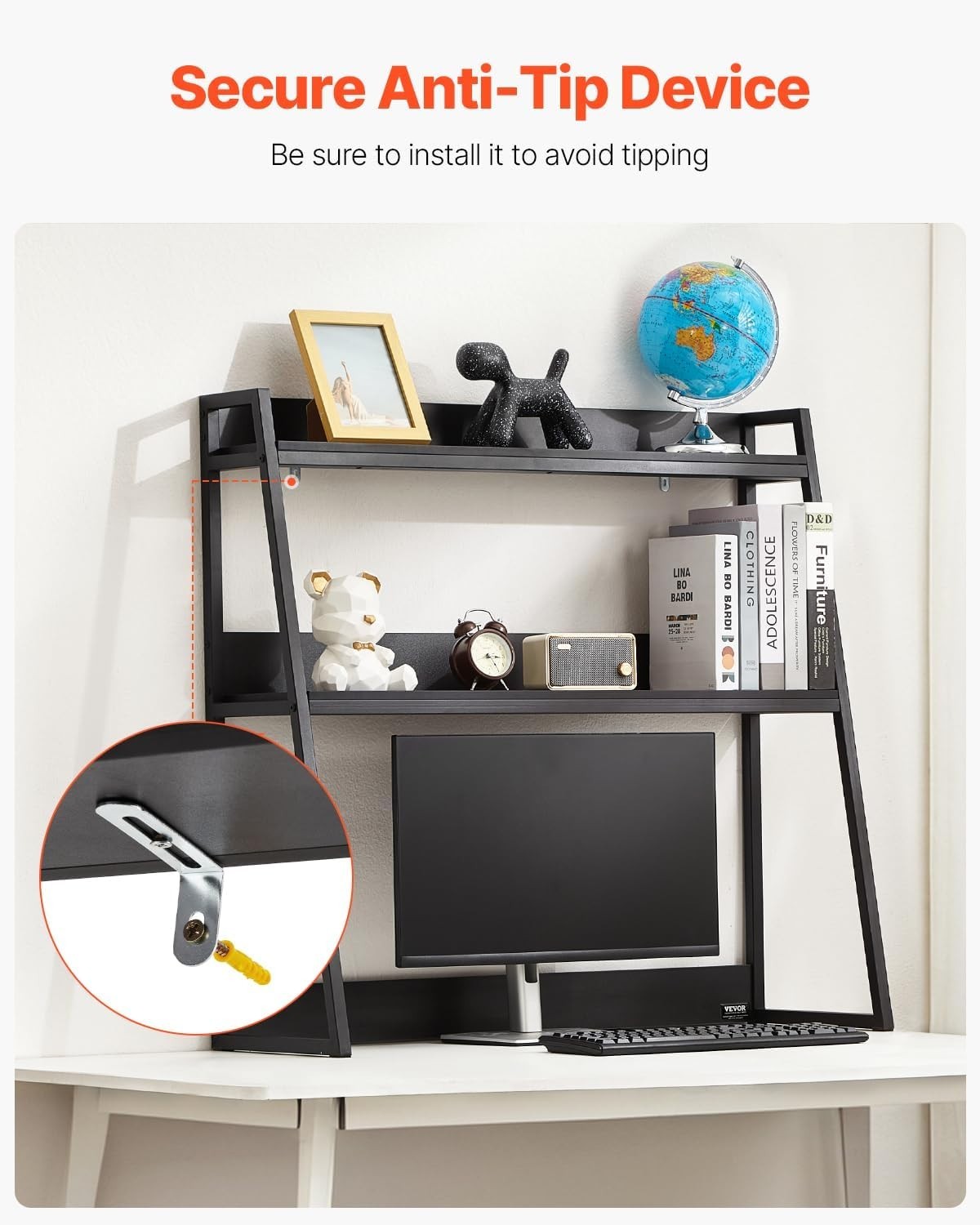 Black 2-Tier Desktop Bookshelf 95cm Desk Hutch Organiser for 32" Monitor