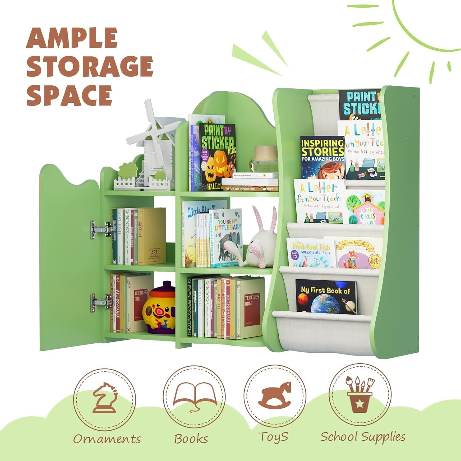 Kids Wooden Bookshelf & Toy Storage Organizer with 5 Sling Pockets & Doors